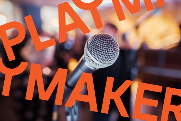 Microphone with Playmakers logo graphic overlay
