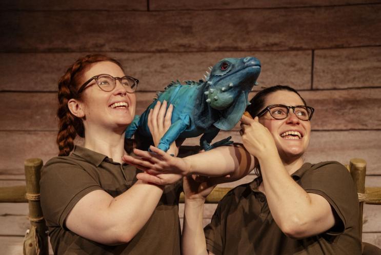 Two people holding a large Iguana